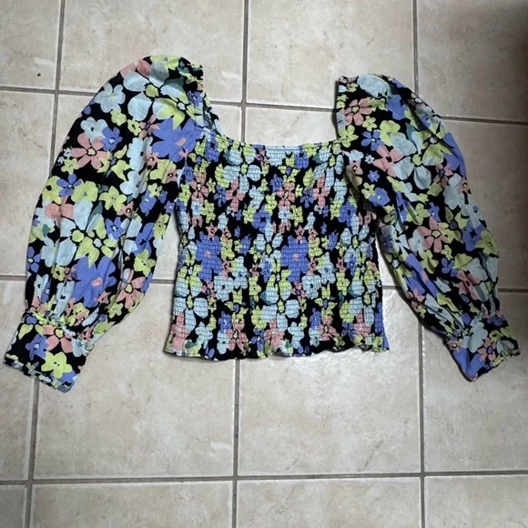 Free People Ariana Smocked Floral Puff Sleeve Smocked Top - Picture 2 of 14